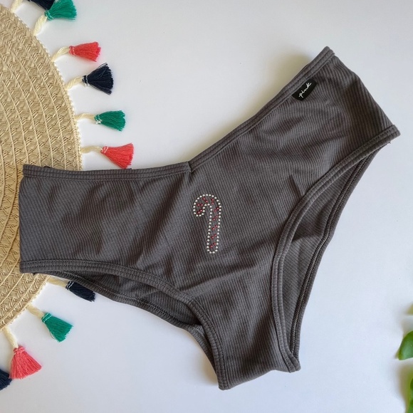 Victoria's Secret PINK Cheekster Panty Charcoal w/ Candy Cane Rhinestone L NEW - Picture 1 of 4
